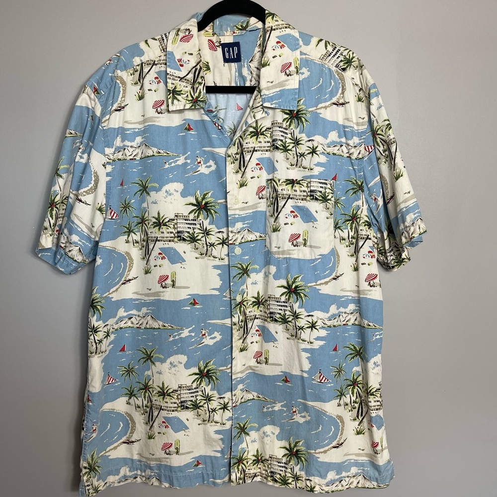 GAP Beach Print Short Sleeve Button Up Shirt Size Large Vacation Resort Aloha
